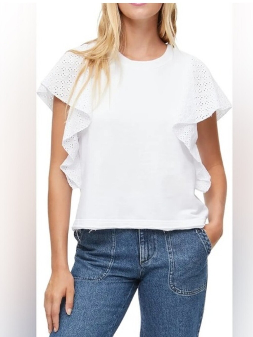 Michael Stars Trinity Aika French Terry Eyelet Pullover Flutter Sleeve Top Sz L